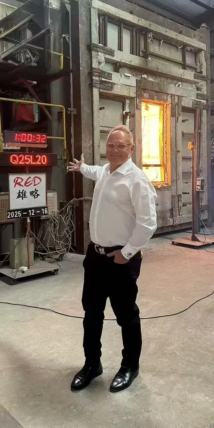 Sebel fire window test with a person standing beside the furnace